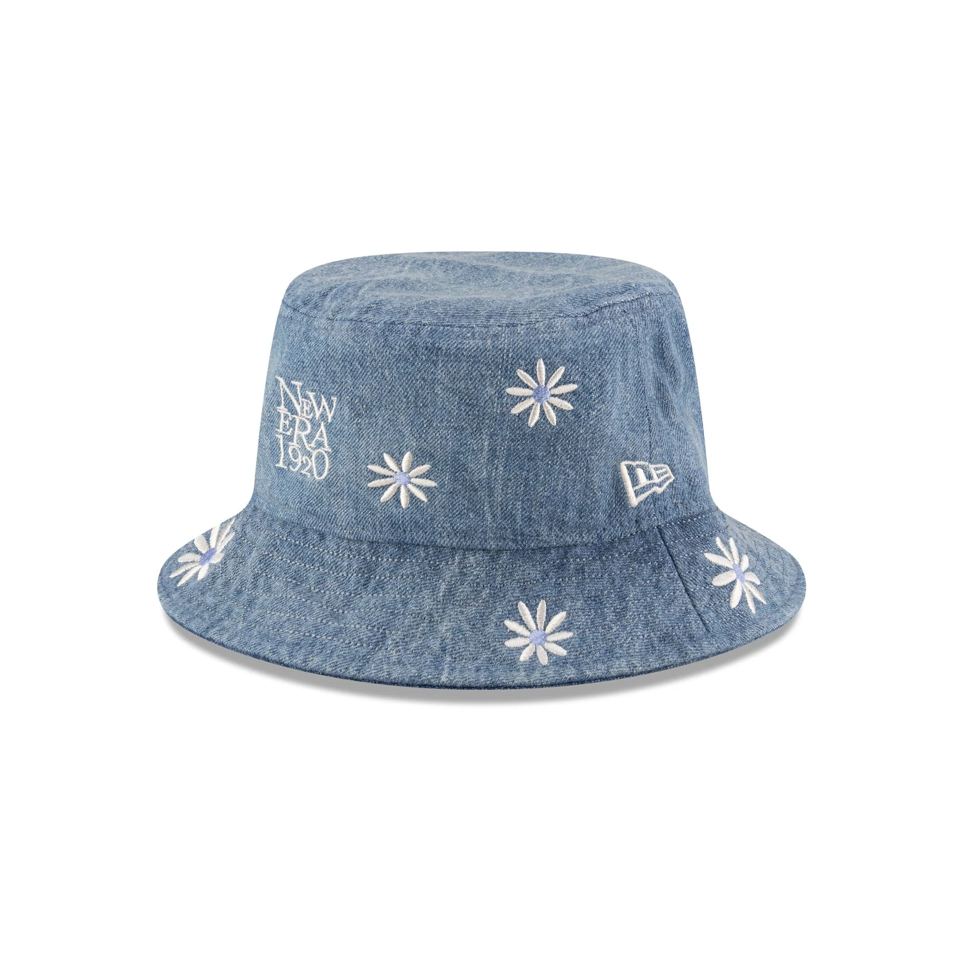 New Era Cap Flower Embroidery Light Denim Bucket Hat