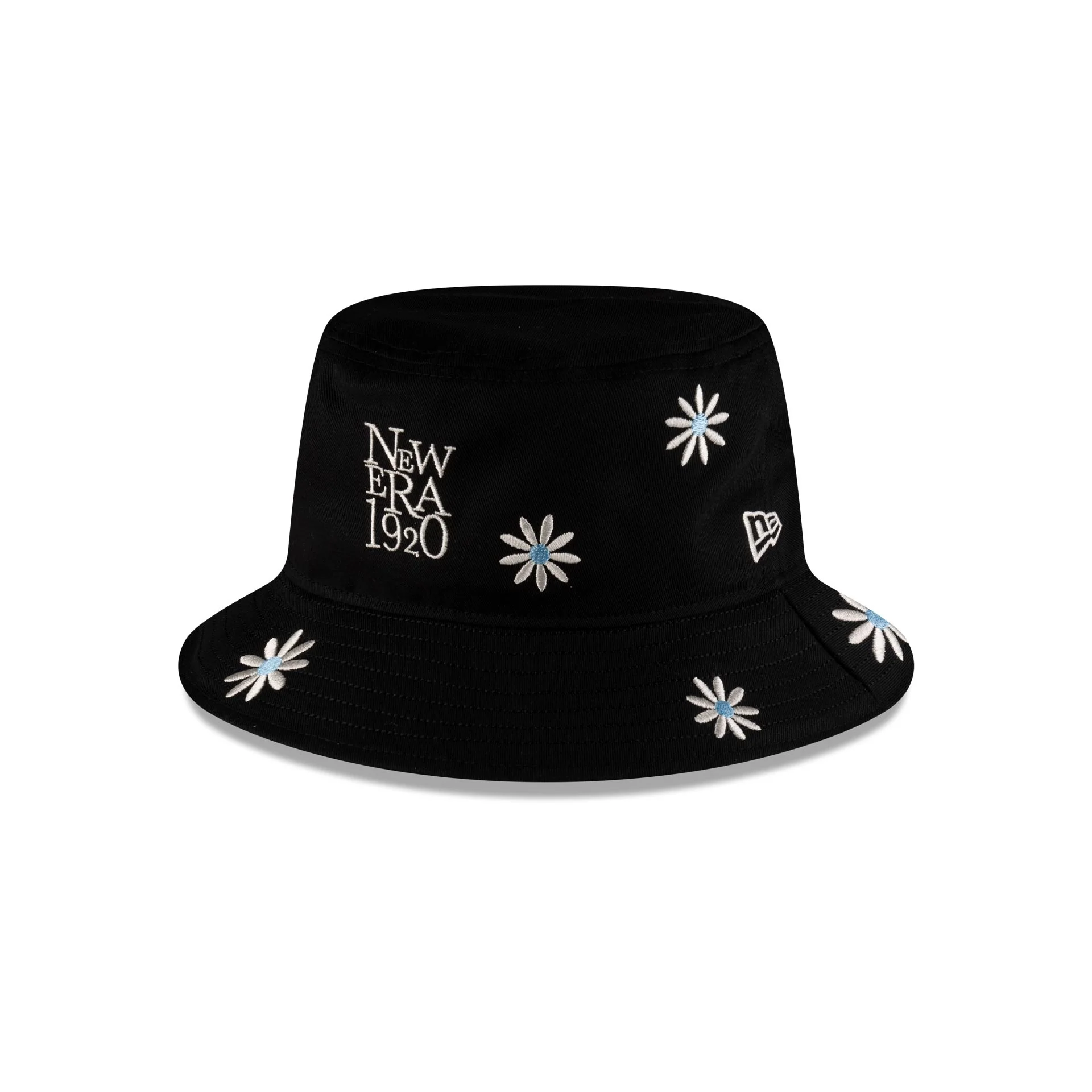 New Era Cap Flower Embroidery Black Denim Bucket Hat