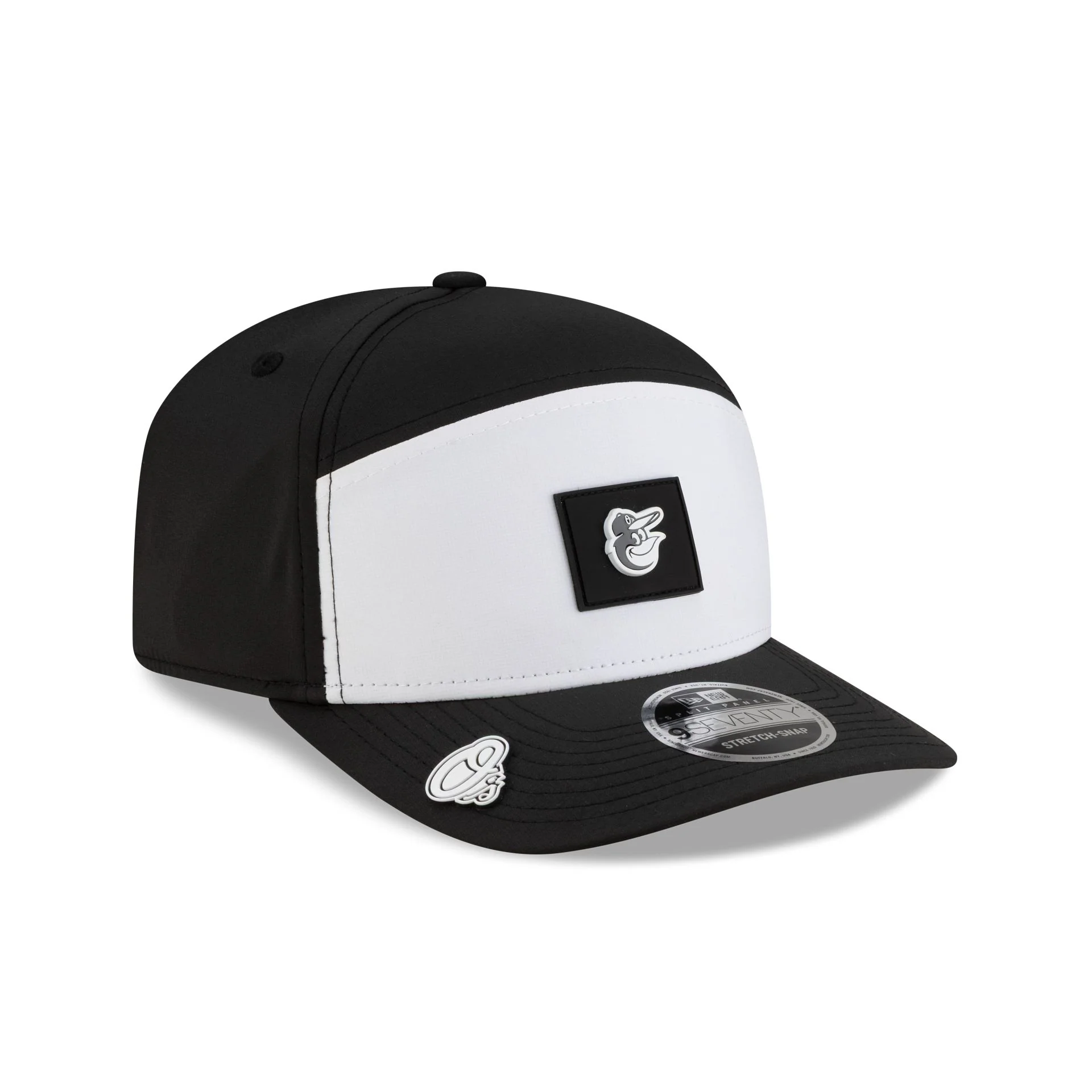 Baltimore Orioles 2026 Clubhouse Black & White Split Panel 9SEVENTY Stretch-Snap Hat