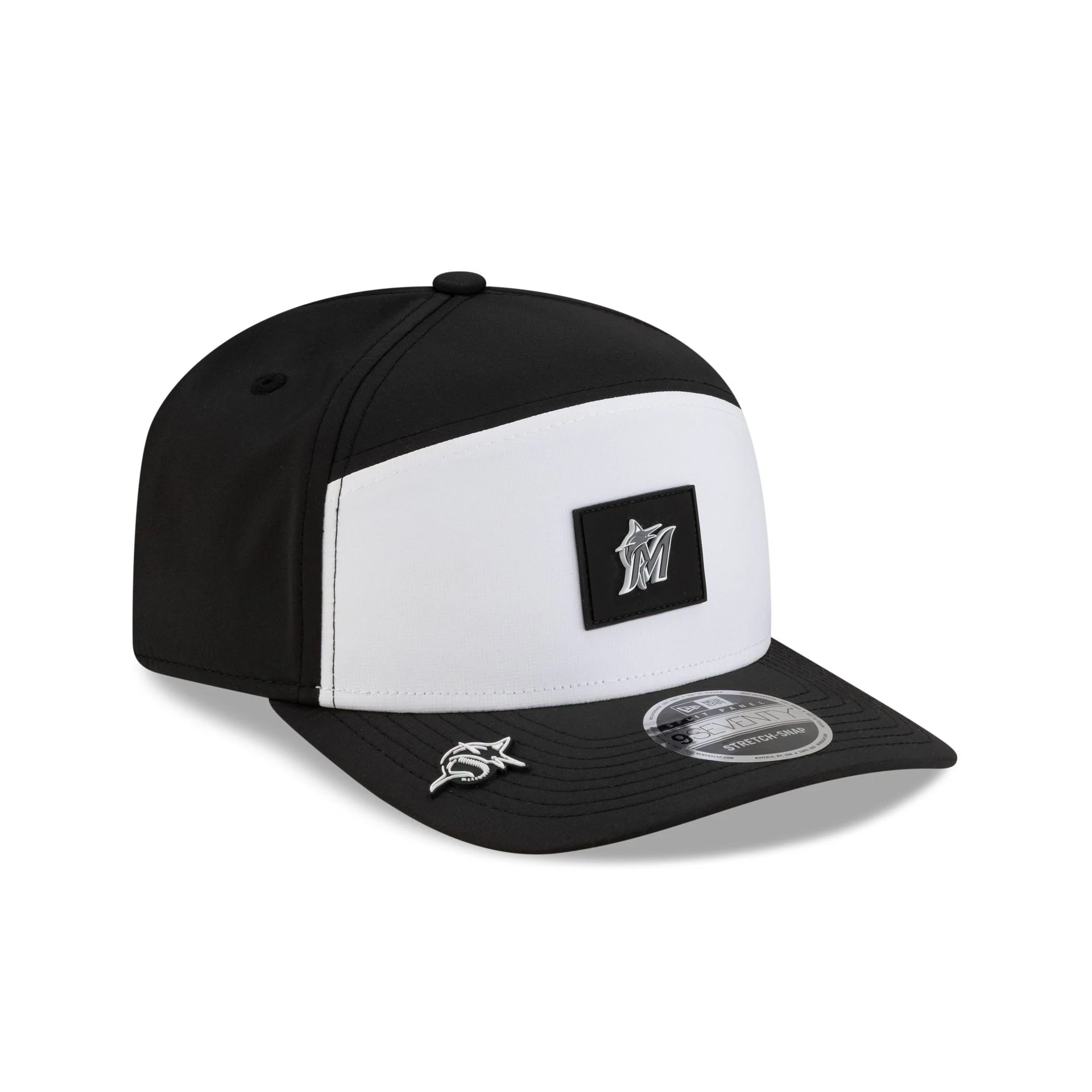 Miami Marlins 2026 Clubhouse Black & White Split Panel 9SEVENTY Stretch-Snap Hat